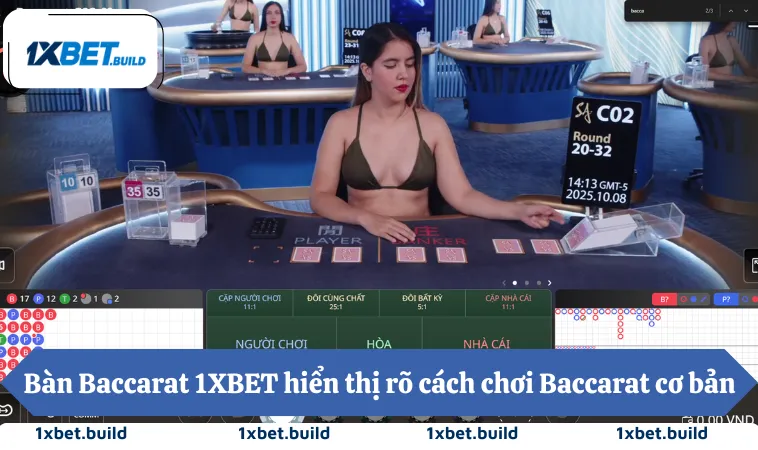 Cách Chơi Baccarat 1XBET Theo Chiến Thuật Dân Chuyên 1 Bàn Baccarat 1XBET hiển thị rõ cách chơi Baccarat cơ bản