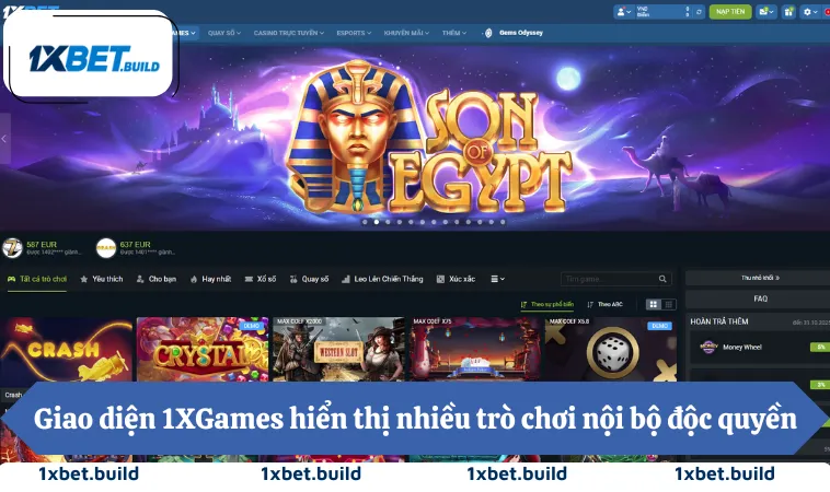 1XGames 1 Giao diện 1XGames hiển thị nhiều trò chơi nội bộ độc quyền