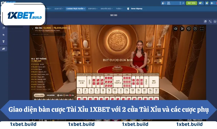 Giao diện bàn cược Tài Xỉu 1XBET với 2 cửa Tài Xỉu và các cược phụ