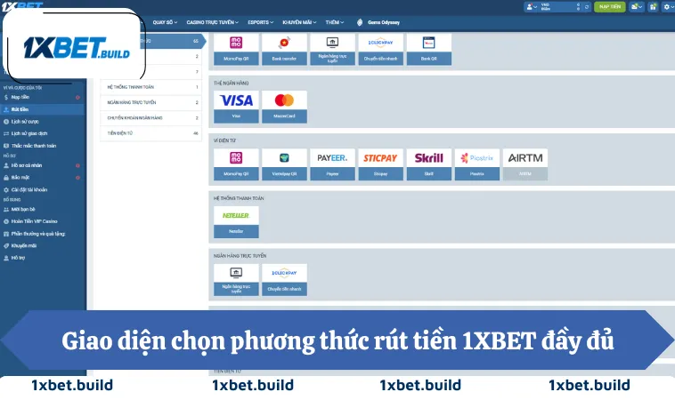Giao diện chọn phương thức rút tiền 1XBET đầy đủ