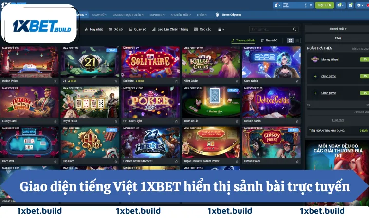 Game Bài 1XBET 3 Giao diện tiếng Việt 1XBET hiển thị sảnh bài trực tuyến