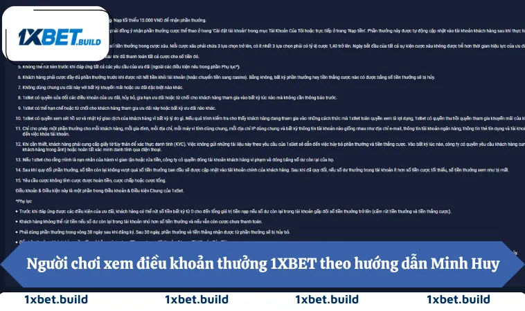 Người chơi xem điều khoản thưởng 1XBET theo hướng dẫn Minh Huy