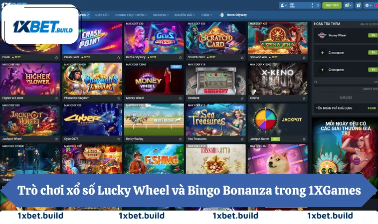 1XGames 3 Trò chơi xổ số Lucky Wheel và Bingo Bonanza trong 1XGames